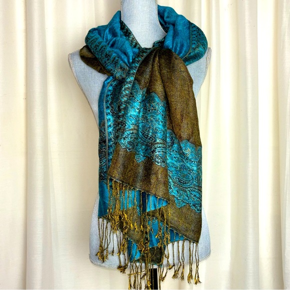 Pashmina Silk Blend Fringe Paisley Reversible Scarf - Picture 1 of 8